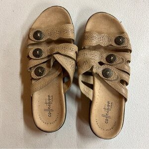 Collection by Clarks Slide-On Tan Sandals with Side Buttons - Size 6W